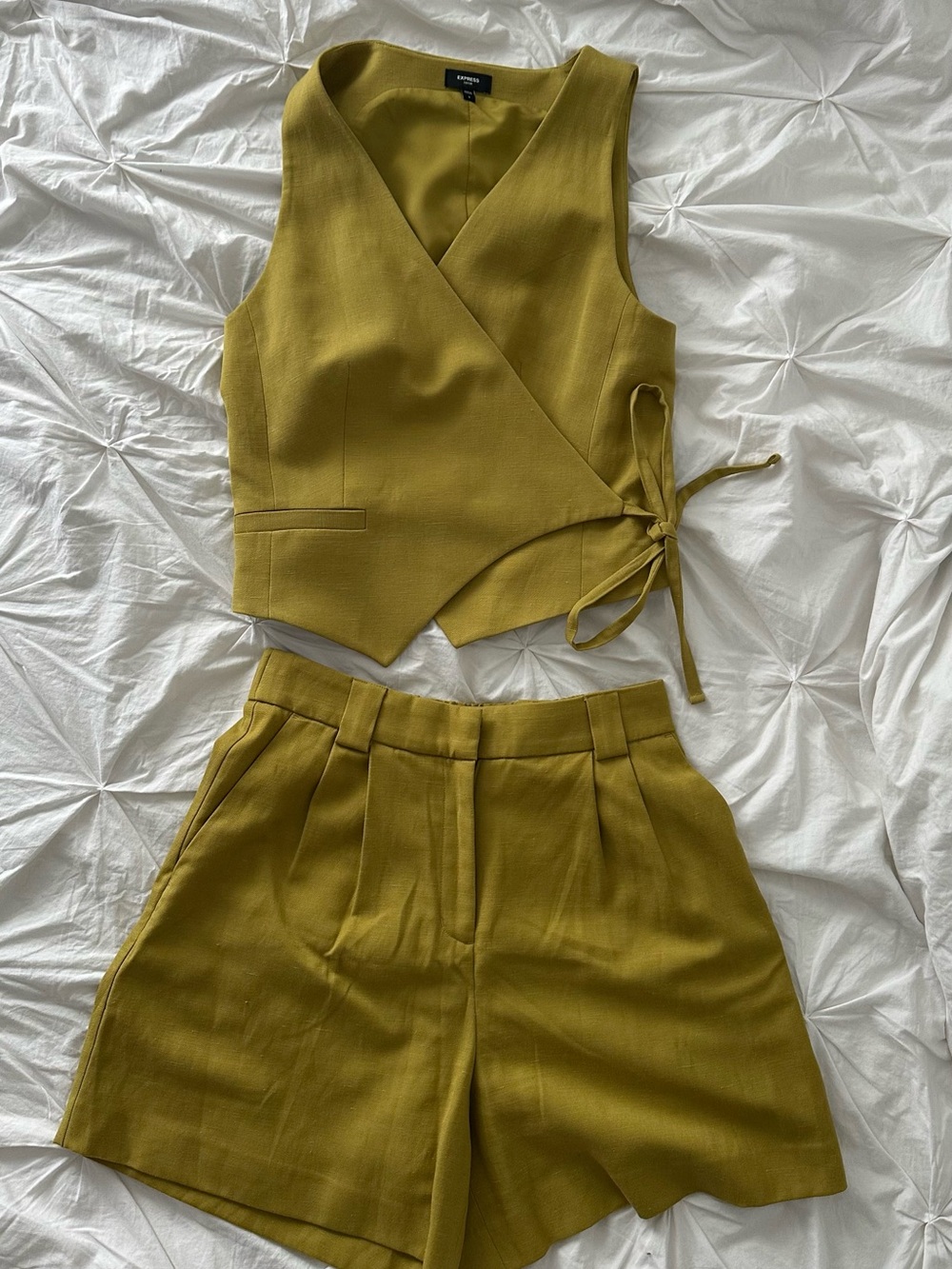 Express Olive Wrap Vest and High-Waist Shorts Set